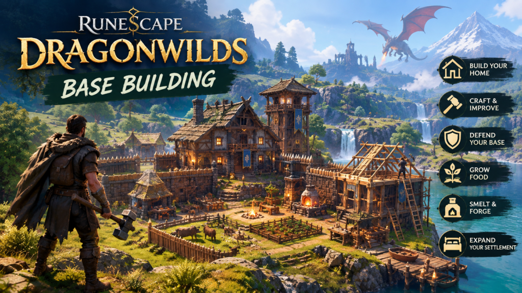 RuneScape: Dragonwilds base building screenshot showing forge and anvil placement