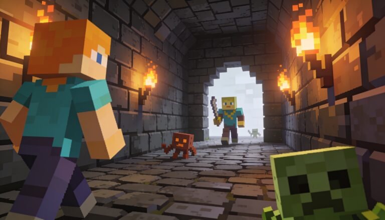 Original blocky dungeon scene illustration with a minecart on rails and a copper-coloured monster silhouette