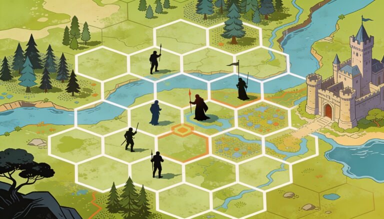 Original stylised tactical grid-map illustration in blue and gold with unit markers, no character likenesses