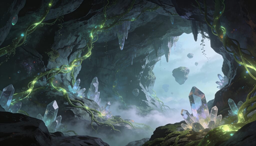 Original alien cavern illustration with bioluminescent growths and a distant armoured figure silhouette, no Nintendo assets