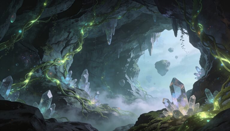 Original alien cavern illustration with bioluminescent growths and a distant armoured figure silhouette, no Nintendo assets