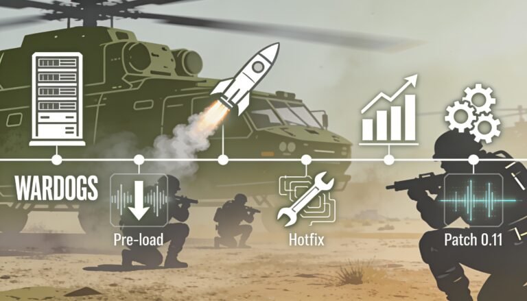 Timeline graphic of the WARDOGS launch week from pre-load on 9 September to the 2 million sales milestone on 15 September