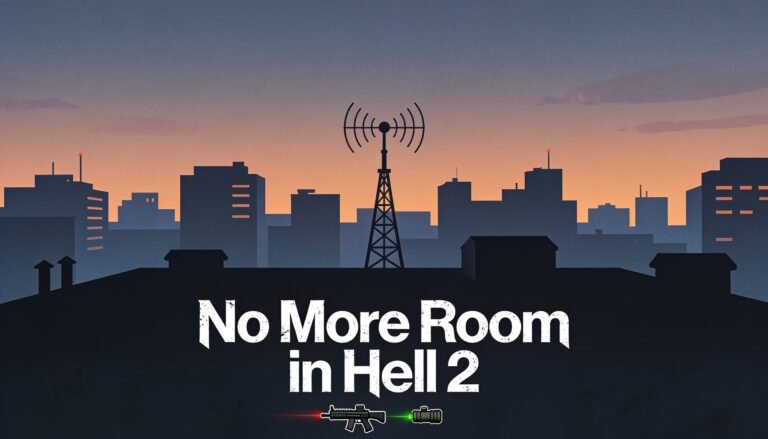 Stylised illustration of an urban rooftop at dusk with a radio antenna tower, flanked by icons representing a muzzle brake and laser sight