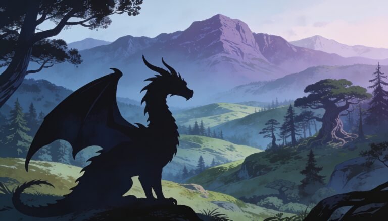 Silhouette of a dragon overlooking a wilderness landscape with mountains and ancient ruins