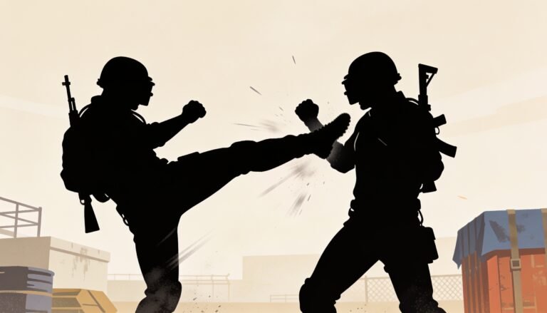 Silhouettes of two figures in combat with one delivering a kick motion