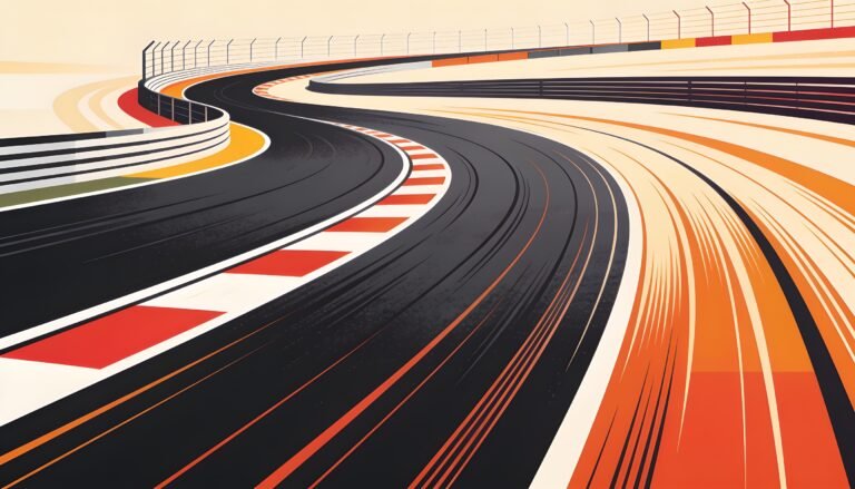 Abstract racing scene with curved track and motion lines, suggesting speed and acceleration