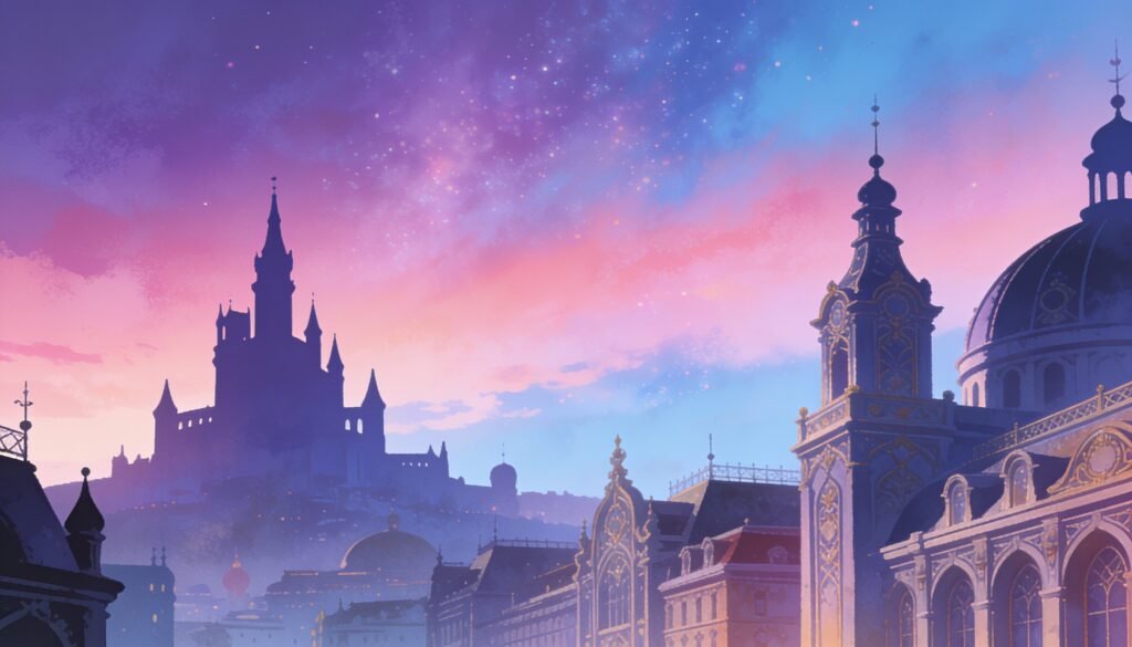 Ornate fantasy castle silhouette against a twilight sky with mystical light effects, no character likenesses