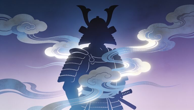 Abstract illustration of a samurai figure surrounded by cloud computing imagery