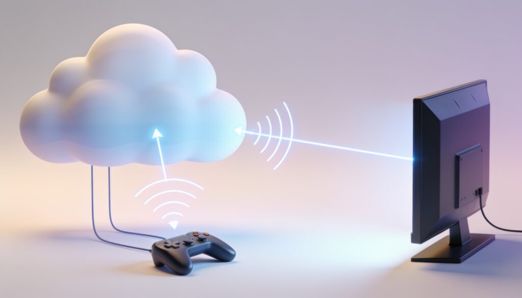 Abstract illustration of a cloud with digital signal lines streaming to a TV screen and gaming controller