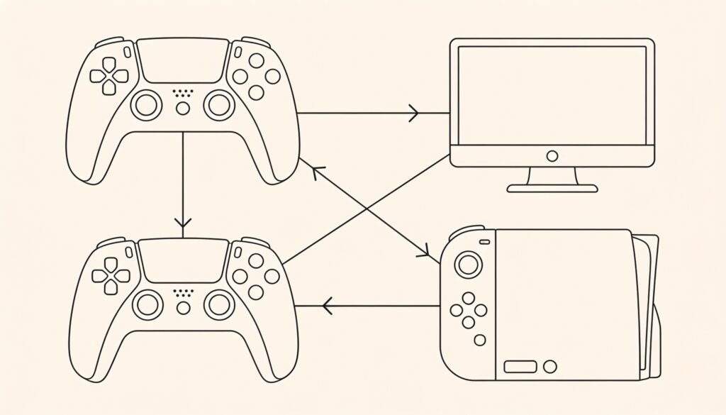 Four stylised gaming devices connected by sync arrows, representing cross-platform progression and play
