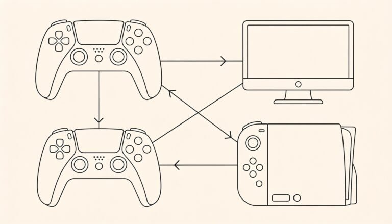 Four stylised gaming devices connected by sync arrows, representing cross-platform progression and play