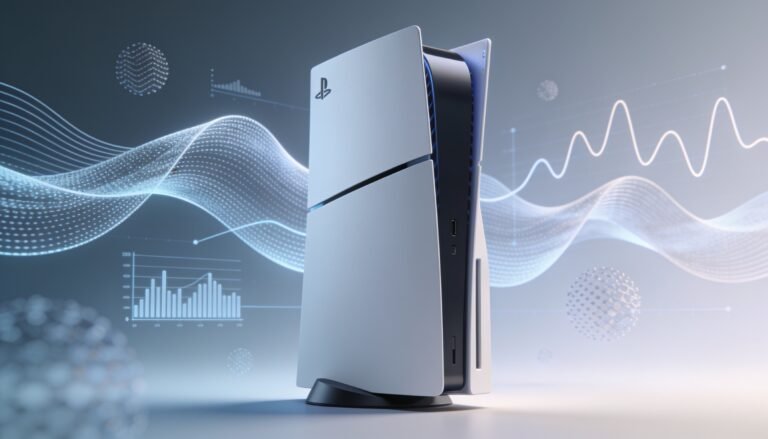 PlayStation 5 console with abstract performance and graphics quality indicators