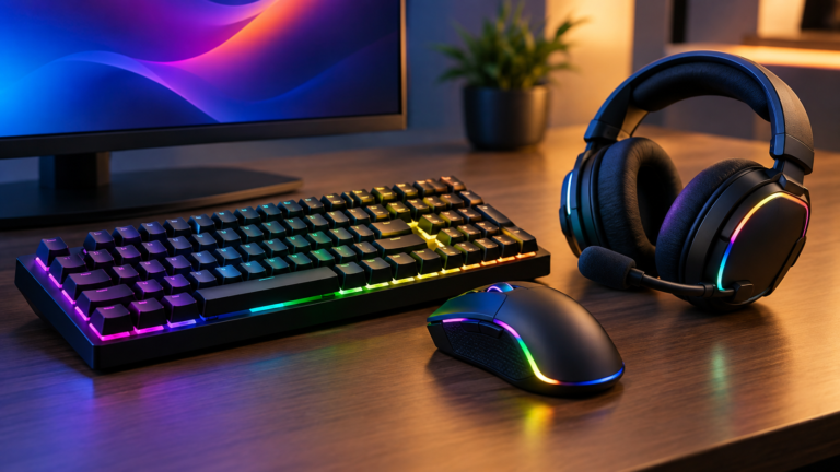 A gaming keyboard, mouse and headset grouped together on a desk as a set.