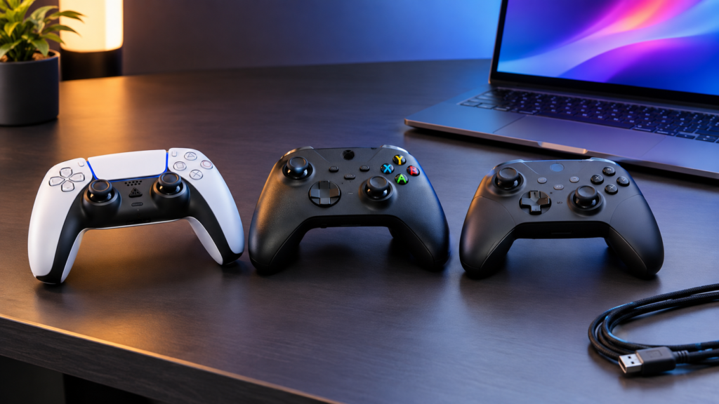 Three different game controllers in a row on a desk beside a laptop and a USB cable.