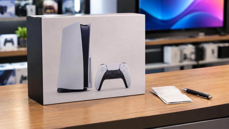 A boxed gaming console on a retail counter beside a folded receipt and a pen.