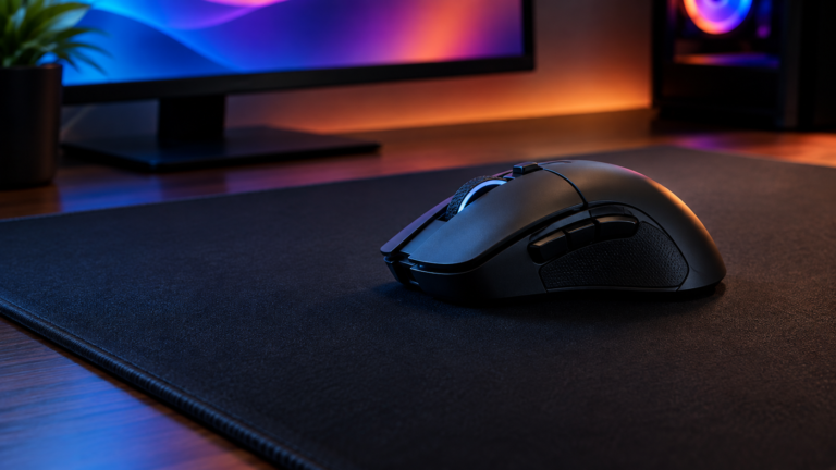 A gaming mouse on a large cloth desk mat in low side lighting.