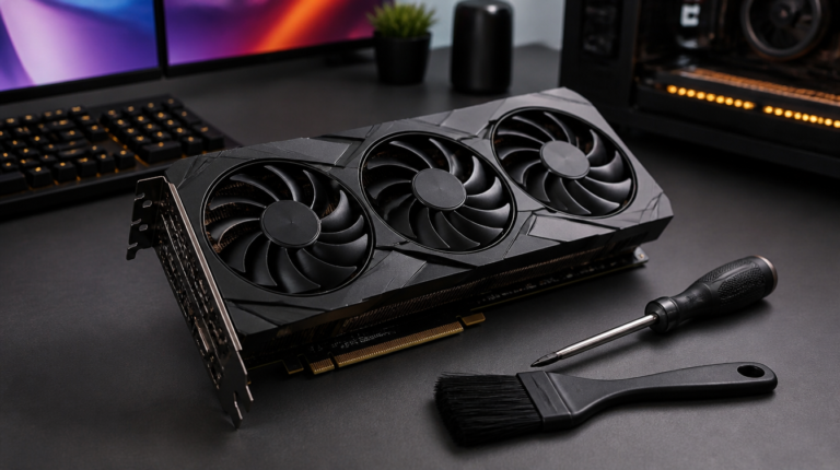 A modern graphics card on a PC-building workbench beside an open gaming desktop.