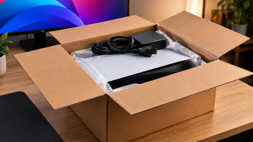 A plain cardboard shipping box with a console partly visible inside and a power adaptor on top.