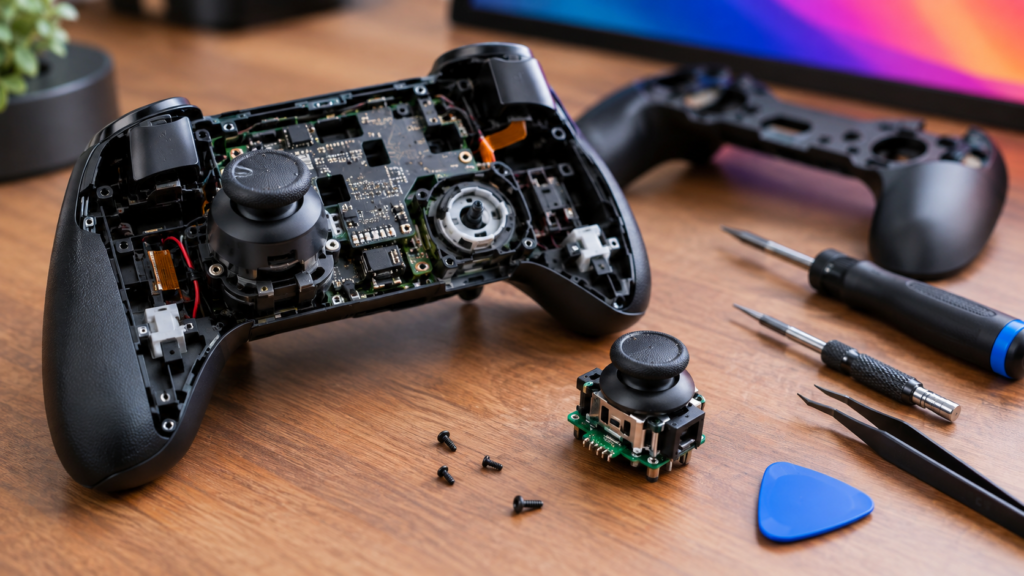 An opened game controller on a workbench with the analogue stick module exposed.