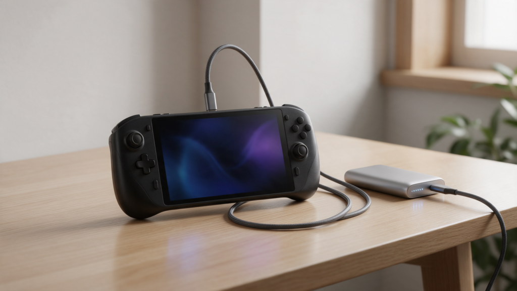 A handheld gaming console connected to a USB-C charger with a power bank beside it.