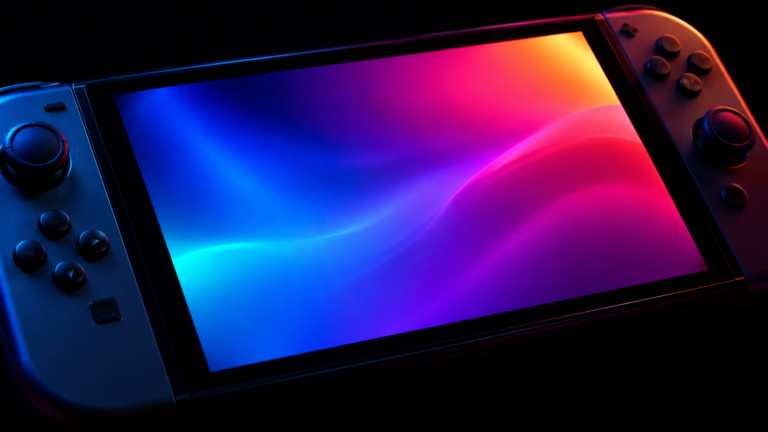Extreme close-up of a handheld gaming console screen glowing in a dark room.