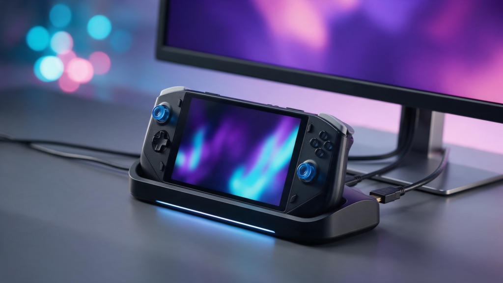 A handheld gaming console seated in a dock connected to a monitor.