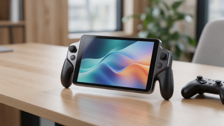 A handheld gaming PC on a desk showing an abstract loading screen with a controller beside it.