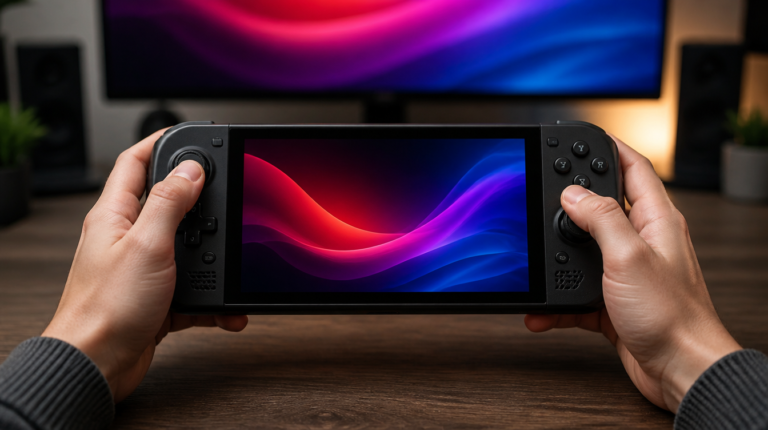 A handheld gaming PC held in two hands with a desk softly out of focus behind.