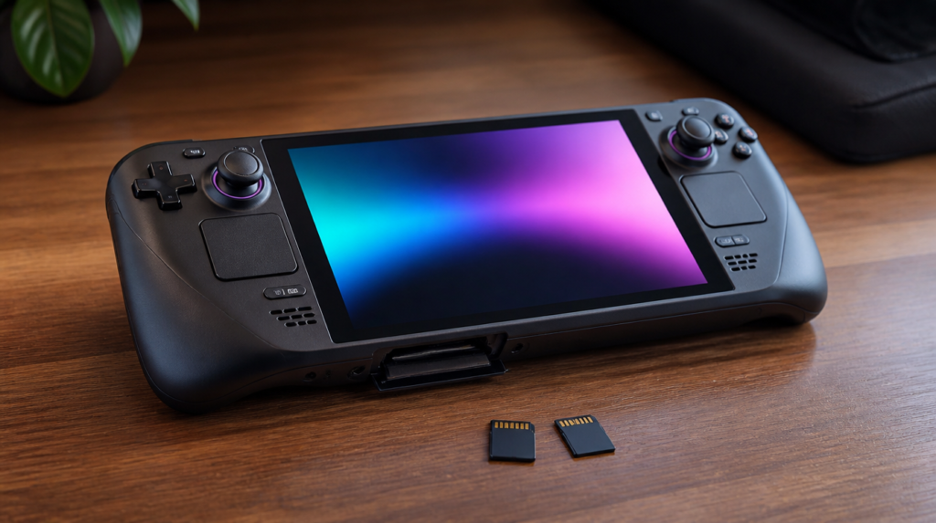 A handheld gaming console with its memory card slot open and two memory cards beside it.