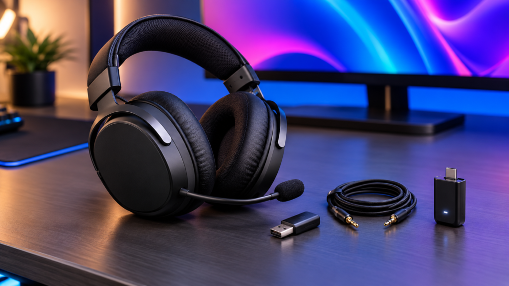 A gaming headset on a desk beside a USB dongle, a 3.5mm cable and a wireless transmitter.