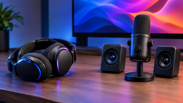A gaming headset on one side of a desk and a desk microphone with speakers on the other.