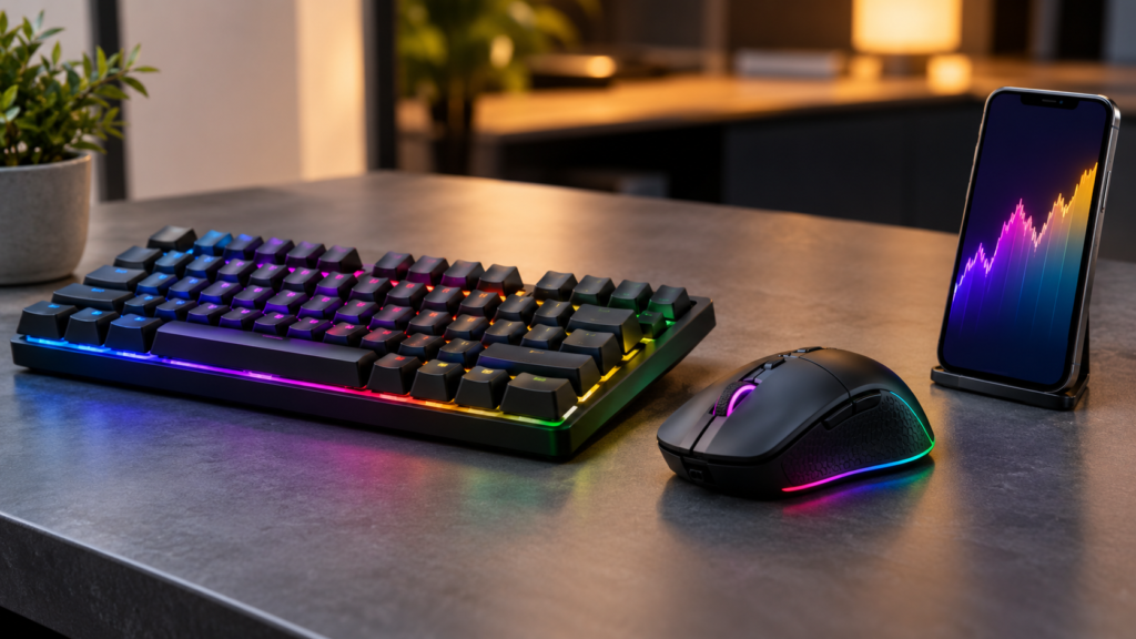 A gaming keyboard and mouse on a counter beside a phone showing a price chart.