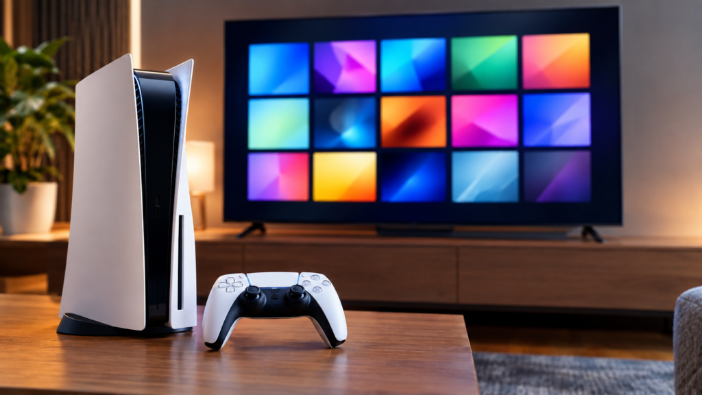 A console and controller in front of a television showing a grid of colour tiles.