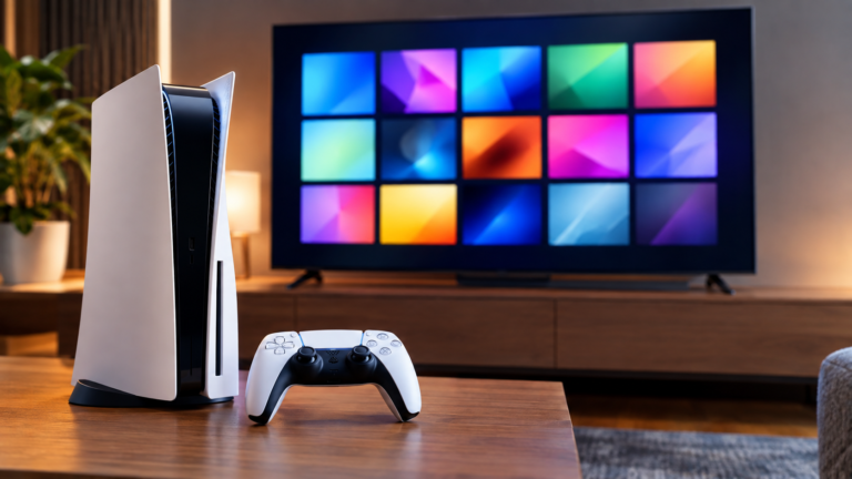 A console and controller in front of a television showing a grid of colour tiles.