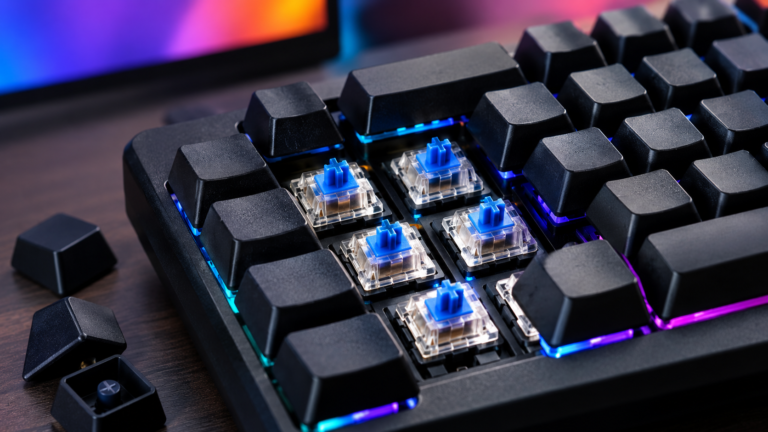 A mechanical keyboard with several keycaps removed showing the switches beneath.
