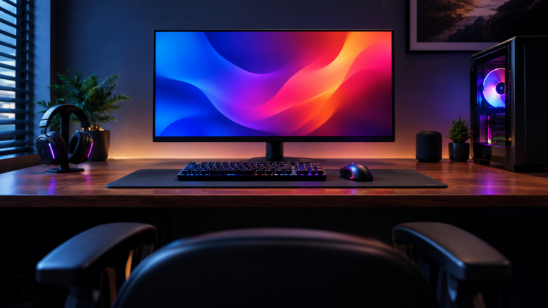 A view along a desk from seat height toward a large gaming monitor.