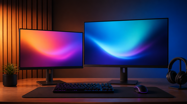 An OLED gaming monitor glowing in a dark room showing a deep black gradient.