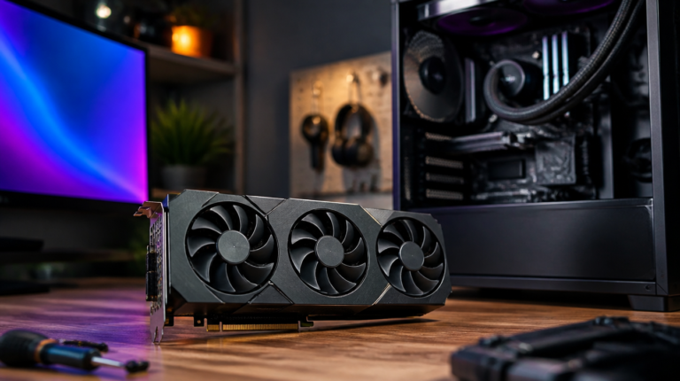 A built glass-panel gaming PC beside an open case with loose components on a bench.