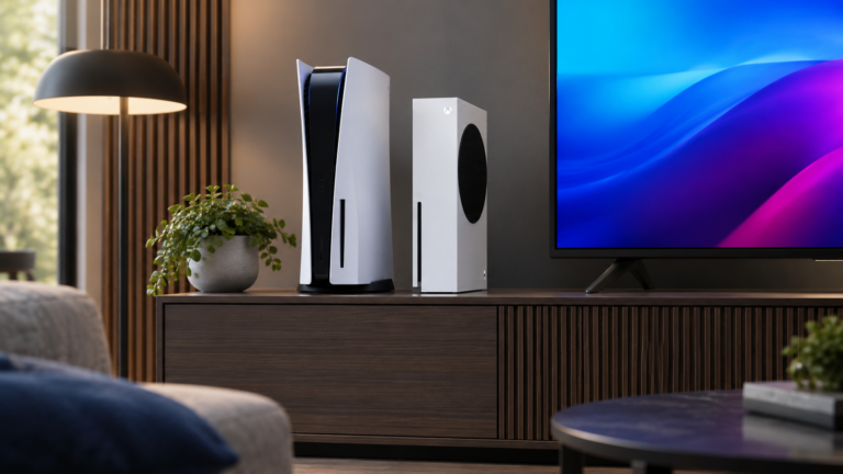 Two modern white gaming consoles standing side by side on a media unit.
