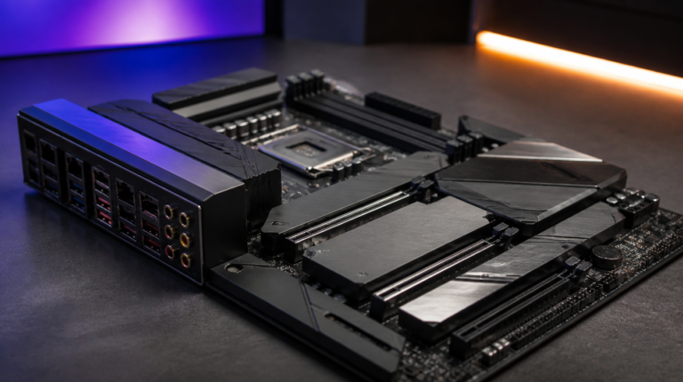 A power supply unit on a workbench with modular cables fanned out beside an open PC case.