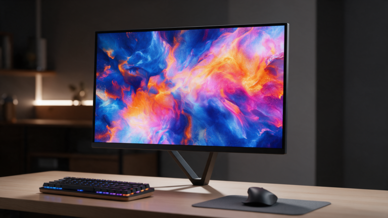 A gaming monitor on a desk with a mouse and keyboard, showing motion-blurred colour bands.
