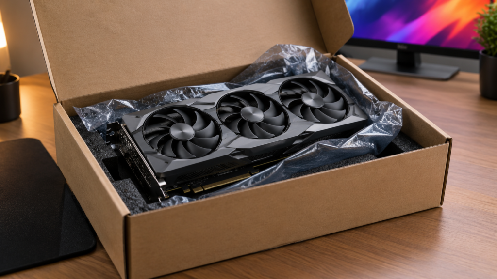 An opened plain cardboard box on a desk with a graphics card partly unwrapped inside.