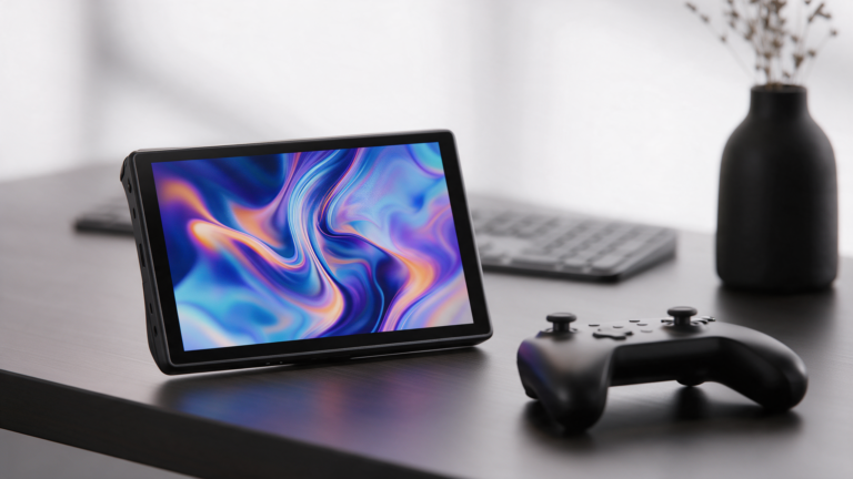 A handheld gaming PC on a desk beside a small keyboard and mouse.