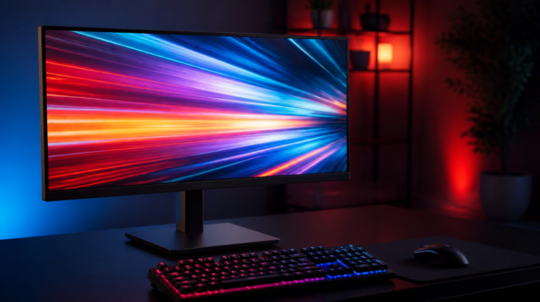 A large living-room television at distance and a desk gaming monitor nearby.