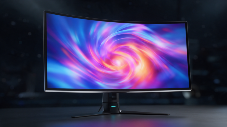 An ultrawide monitor beside a two-monitor setup on the same desk.