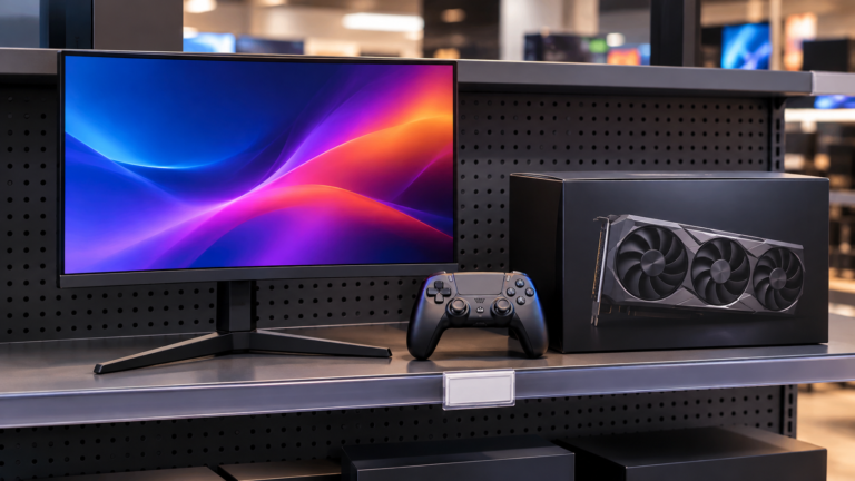 A gaming monitor, controller and graphics card in plain packaging on a retail shelf.