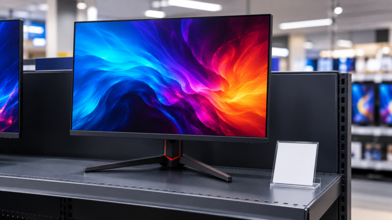 A gaming monitor on a retail shelf beside a plain price tag holder.