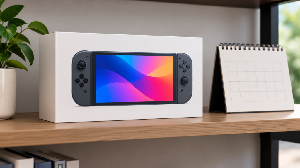 A handheld gaming console in plain packaging on a shelf beside a calendar page.