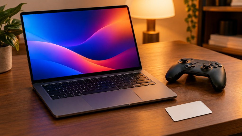 A laptop on a desk beside a game controller and a plain unmarked gift card.