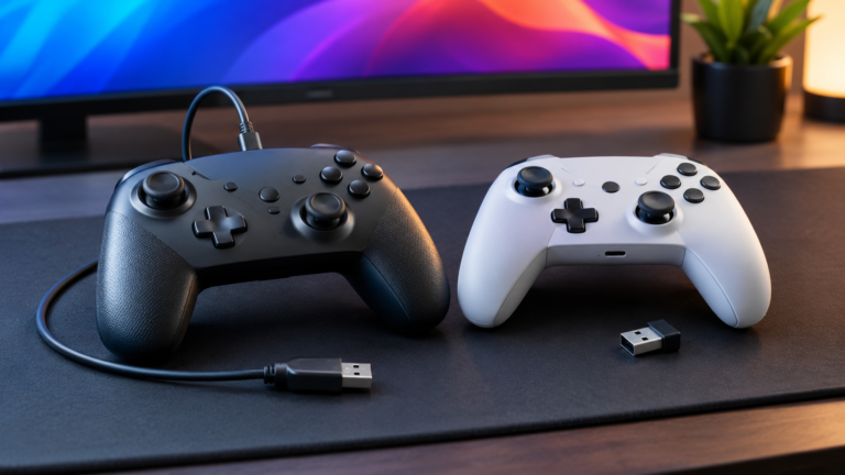 A game controller with a USB cable beside a second controller with a wireless receiver.